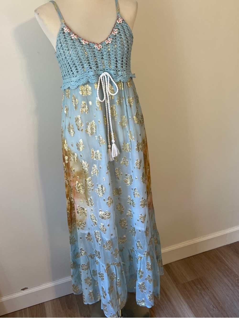 POL Crochet Maxi Dress Blue Gold Foil Boho Beaded Size M beach festival